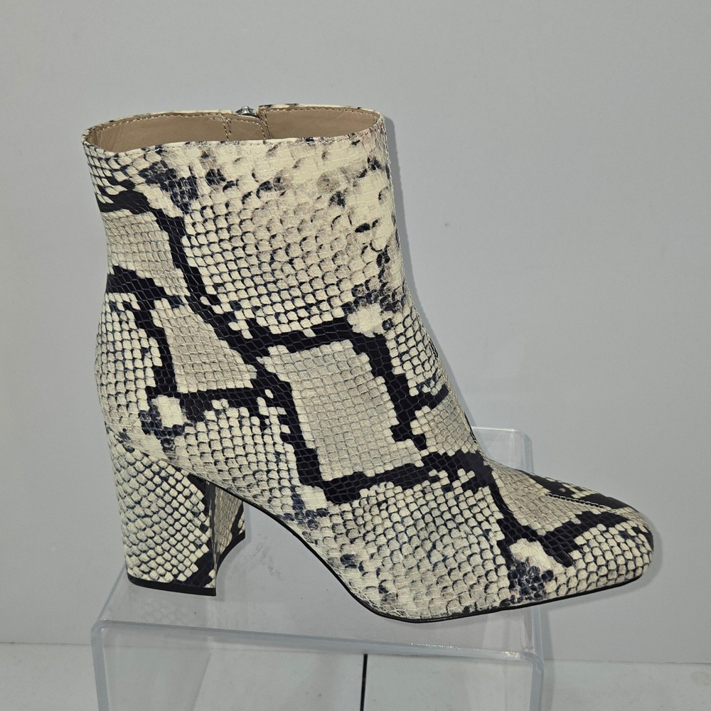 Ann Taylor Snakeskin Leather Ankle Boots Square Toe Block Heel Cream Black 11M